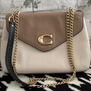 Coach Tan and Cream Tammie  Leather Shoulder Bag with Gold Chain